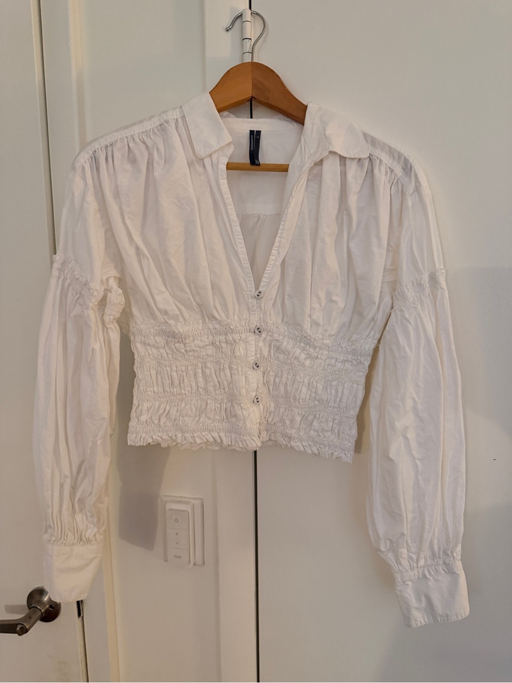 Anthropologie White Smocked Button-Front Blouse